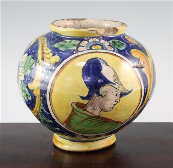 An Italian maiolica globular jar, Caltagirone, 18th / 19th century, 18.5cm., damages